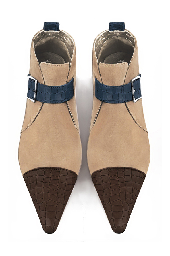 Women's dark brown, tan beige and denim blue elegant ankle boots, with buckles at the front. Pointed toe. Low cone heels - Top view